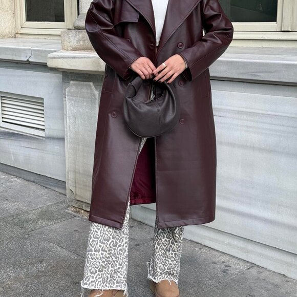 Burgundy Plato Faux Leather Buckle Trench Coat - Picture 6 of 14